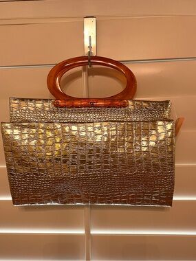 1960’s MCM Gold Croc-Embossed Convertible Handbag with Amber Handles